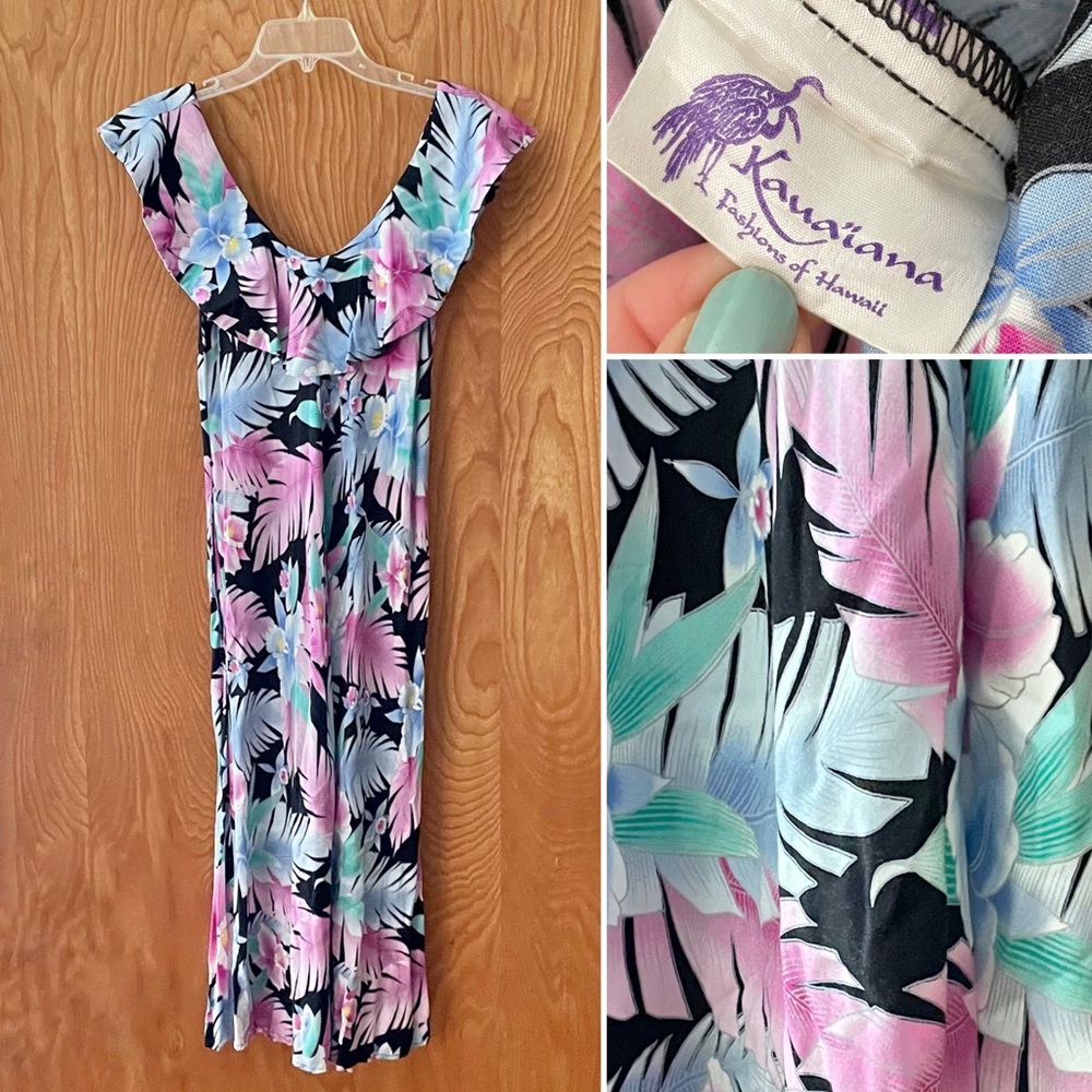 Vintage Hawaiian black & pastel floral dress with pockets, size XS